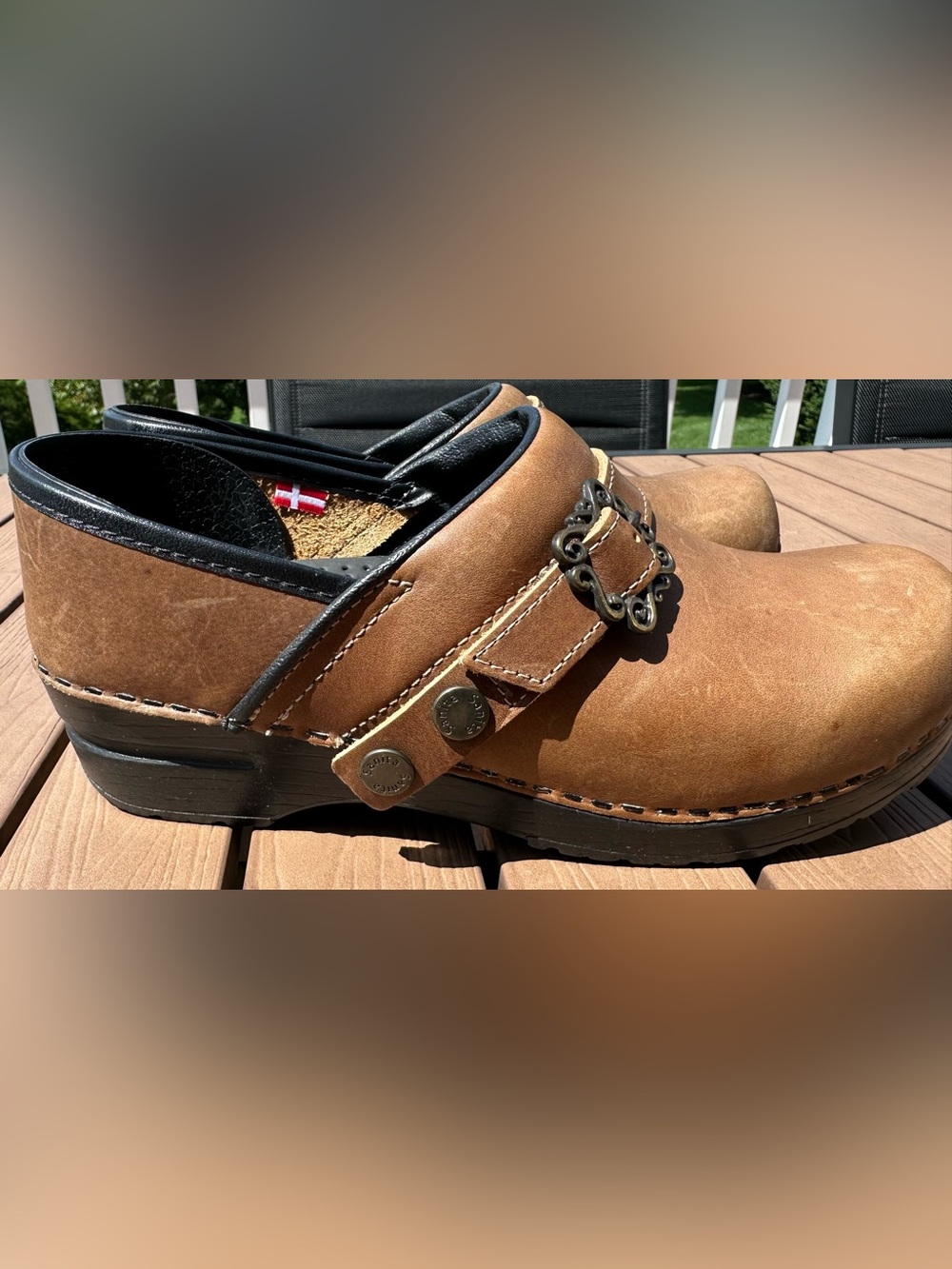 Sanita Morse Clogs Danish Professional Brown Leather Rare Filigree Buckle Sz 38